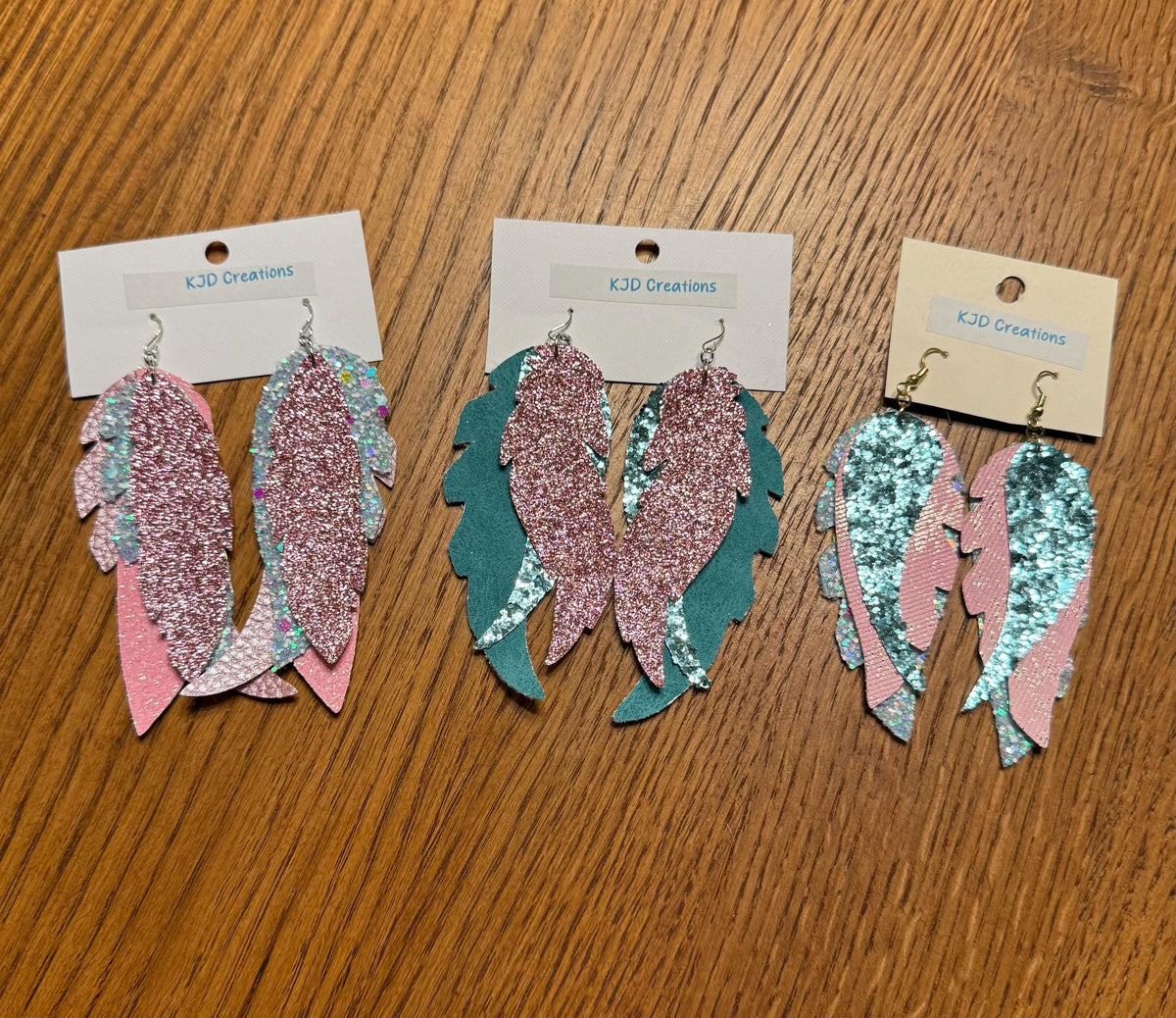Boho Western Faux Glitter Leather Feather Dangle Earrings - Pink, Blue & Teal