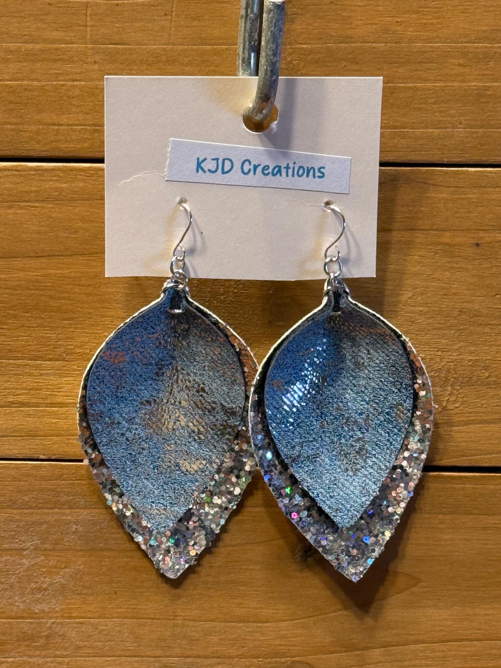 Boho Western Faux Leather Layered Leaf Dangle Earrings - Blue Denim with Metallic Silver Glitter