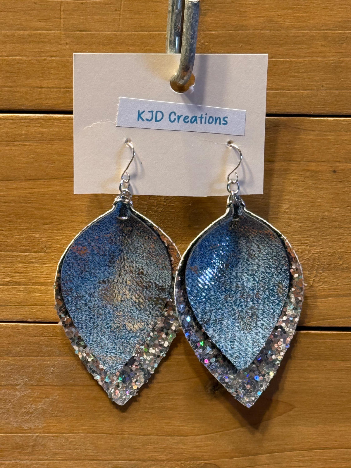 Boho Western Faux Leather Layered Leaf Dangle Earrings - Blue Denim with Metallic Silver Glitter