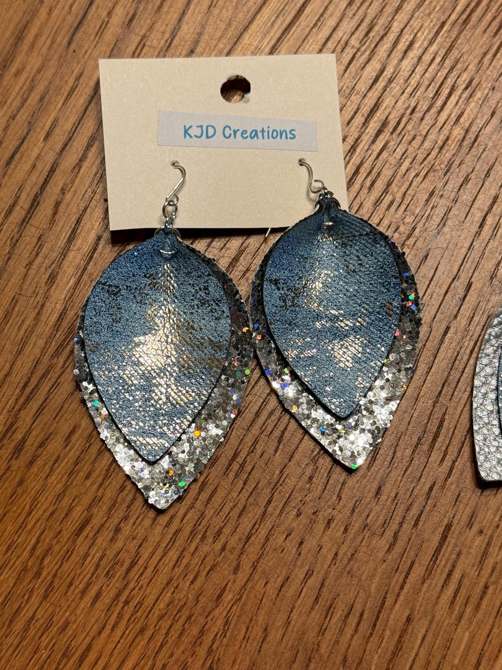 Boho Western Faux Leather Layered Leaf Dangle Earrings - Blue Denim with Metallic Silver Glitter