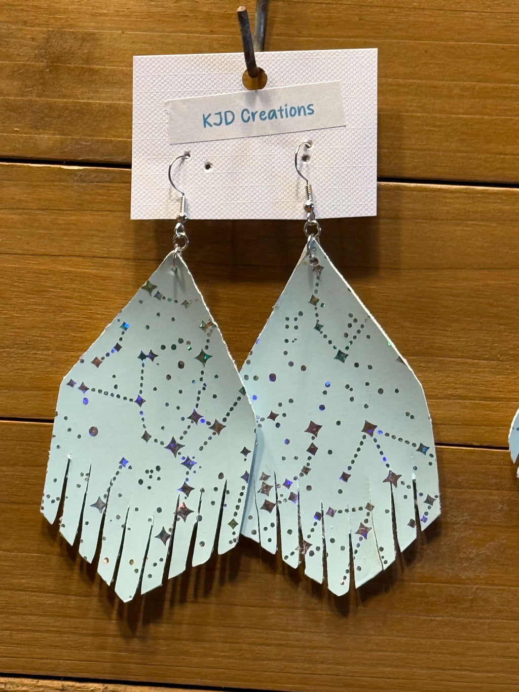 Boho Western Faux Leather Fringe Dangle Earrings - Mint Green with Silver Constellation Design