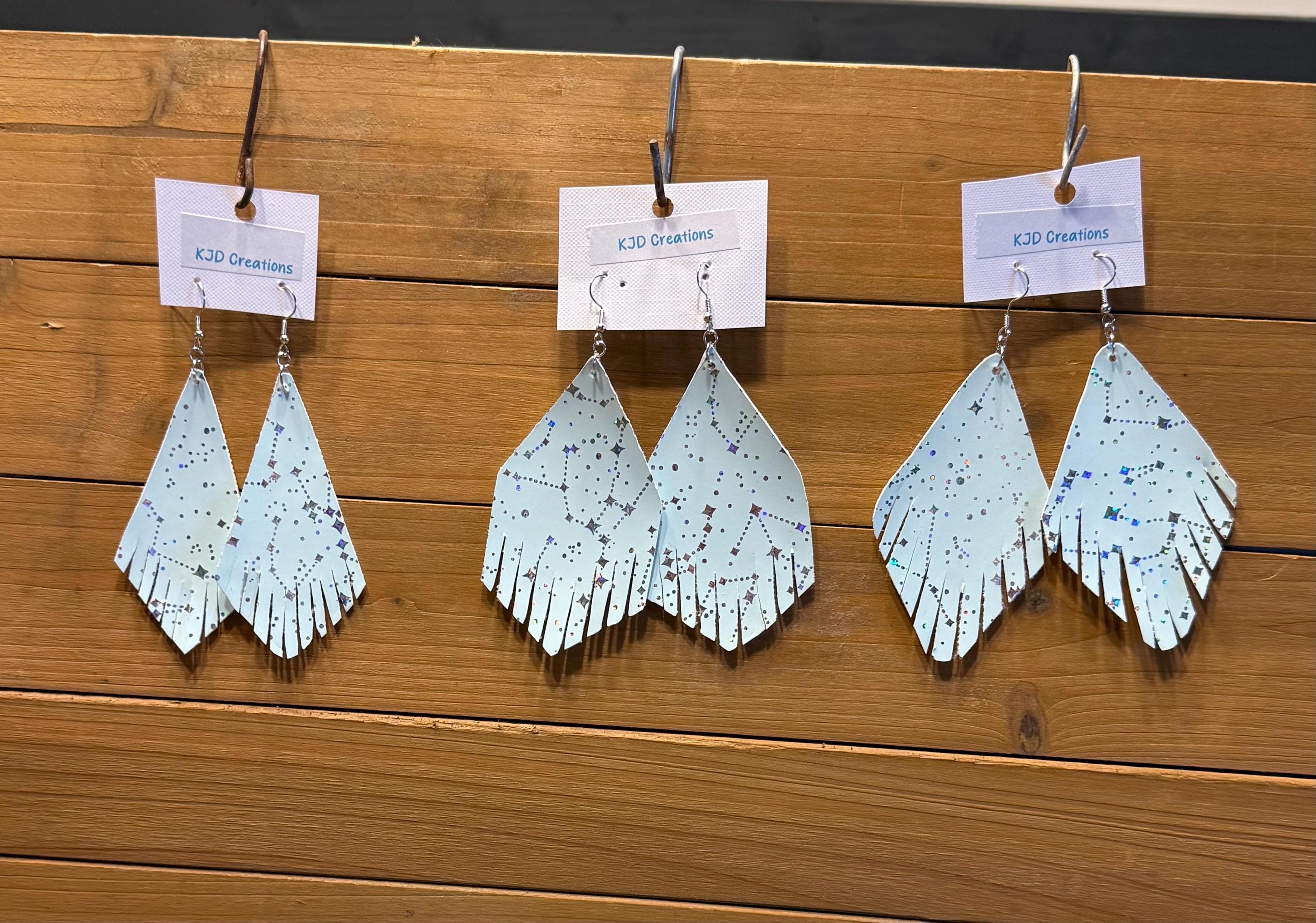 Boho Western Faux Leather Fringe Dangle Earrings - Mint Green with Silver Constellation Design
