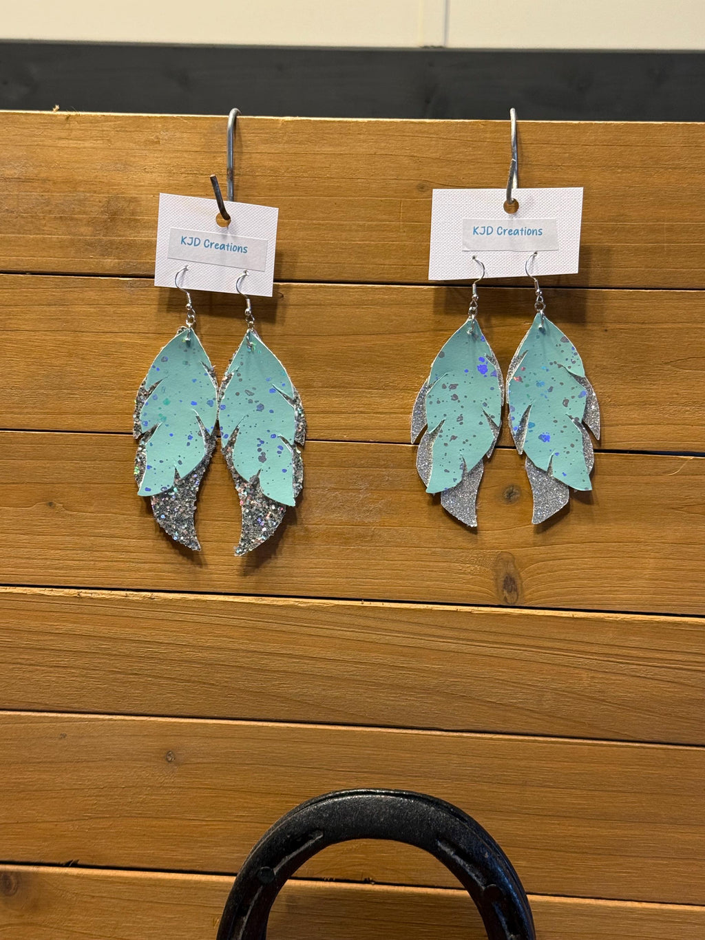 Boho Western Faux Leather Layered Feather Dangle Earrings - Mint Green with Silver Metallic & Glitter