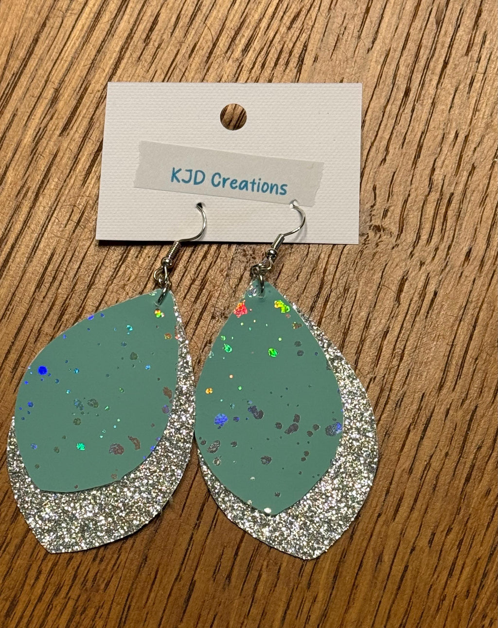Boho Western Faux Leather Layered Teardrop Dangle Earrings - Mint Green, Silver Metallic, Glitter & Holographic