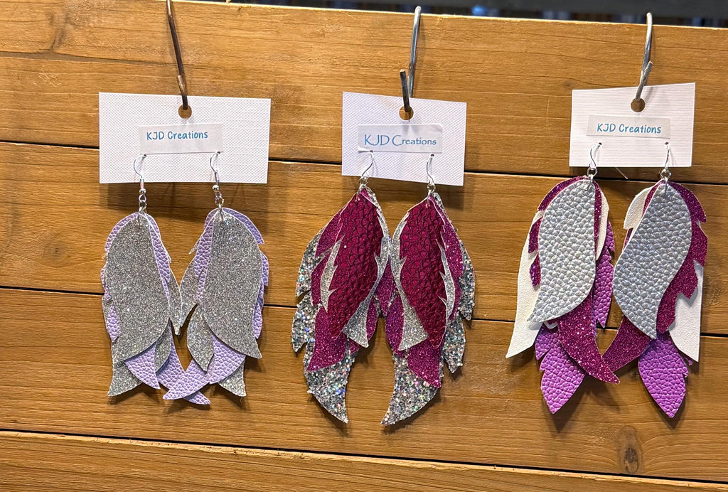 Boho Western Layered Feather-Shaped Faux Leather Dangle Earrings - Purple, Lavender & Silver