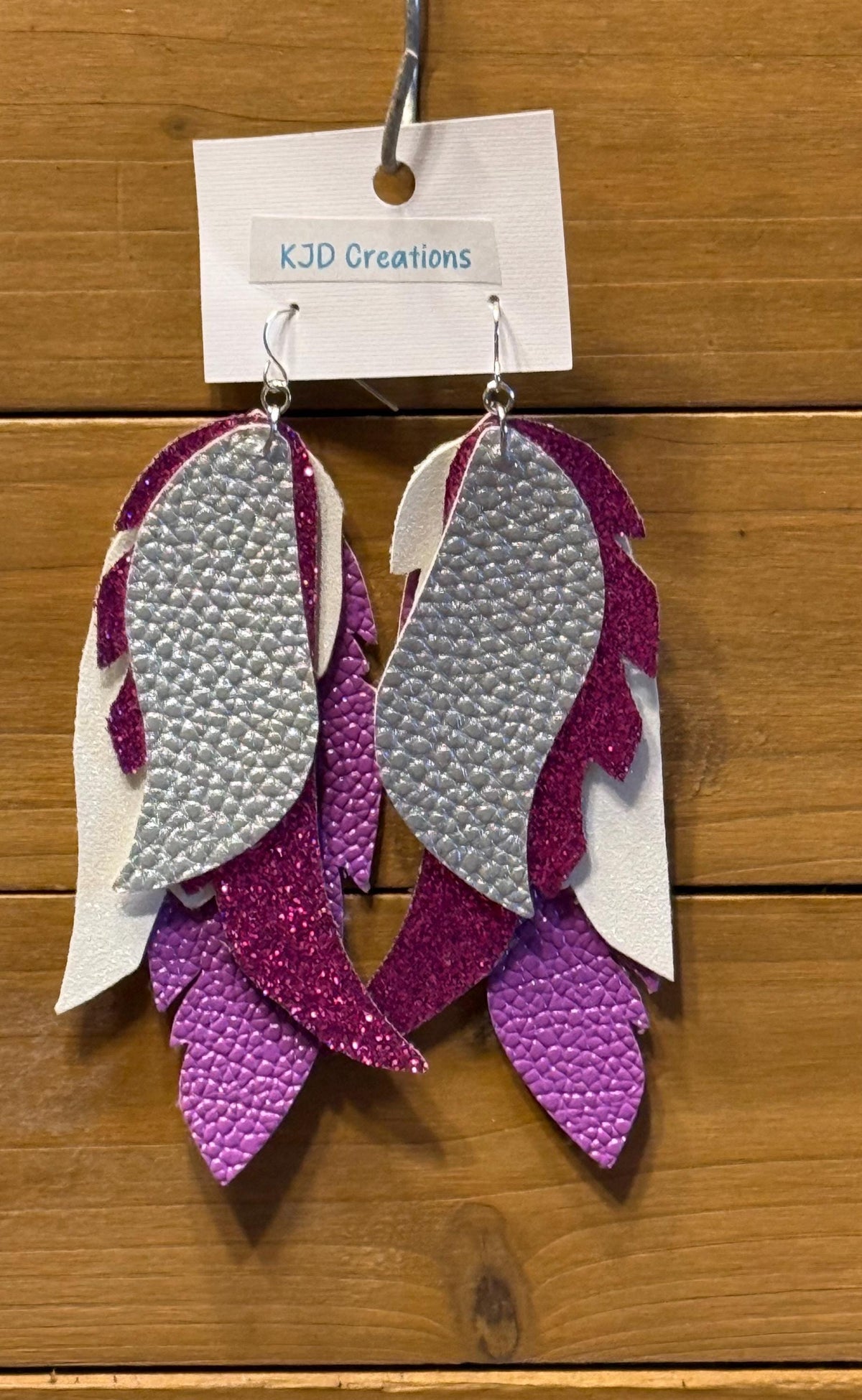 Boho Western Layered Feather-Shaped Faux Leather Dangle Earrings - Purple, Lavender & Silver