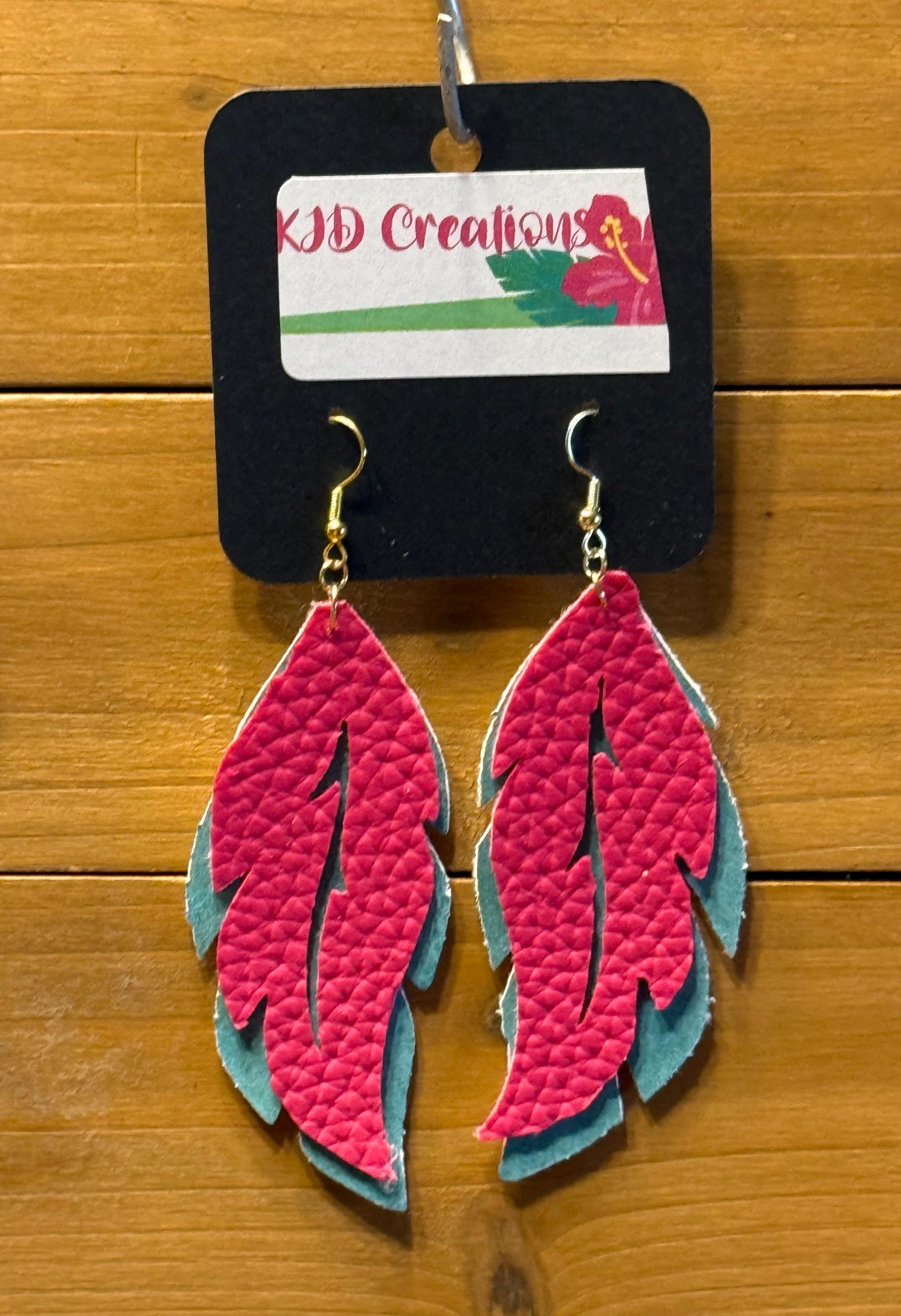 Boho Western Faux Leather Layered Feather Dangle Earrings - Pink & Turquoise Holographic and Glitter