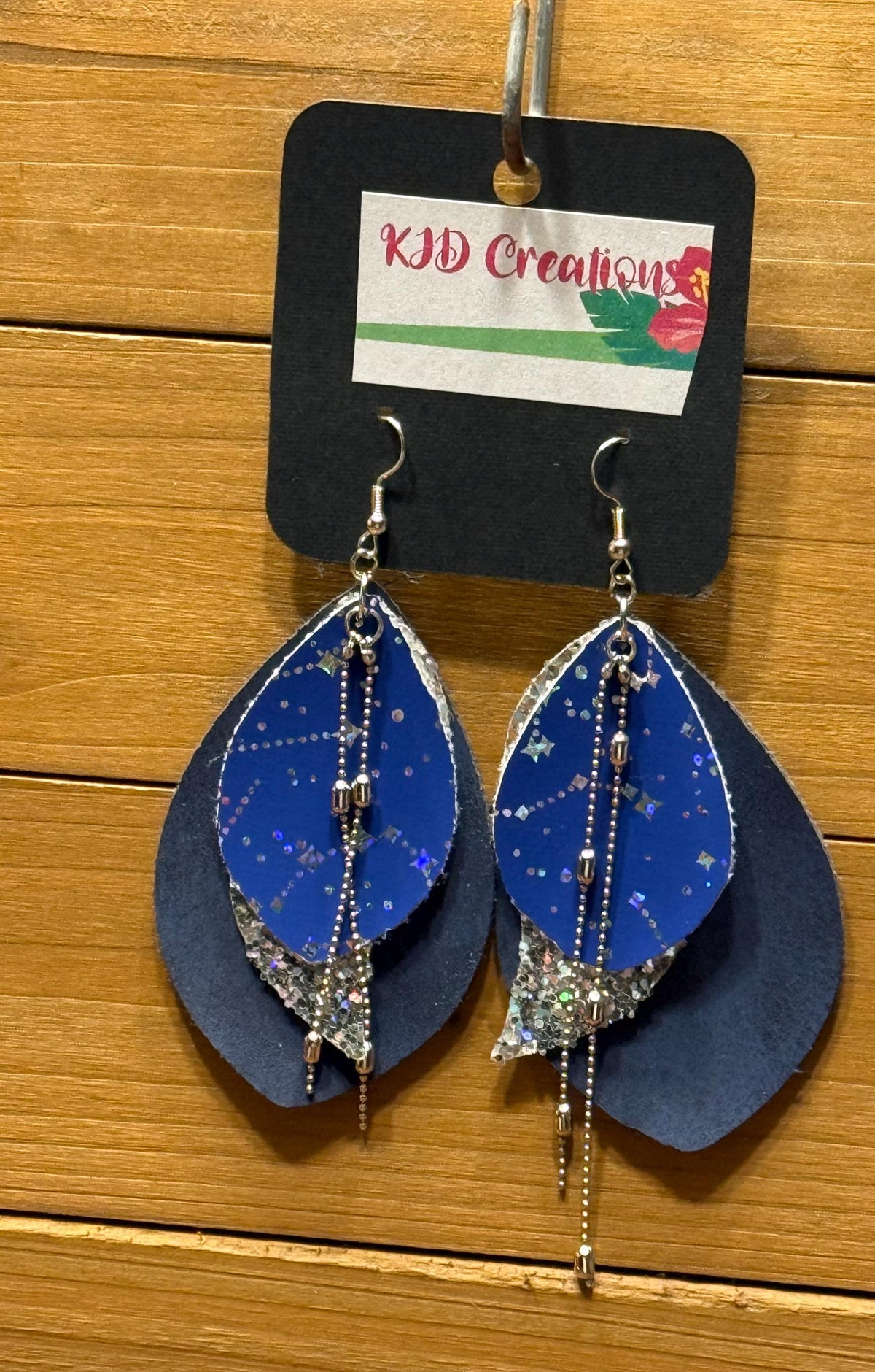 Boho Western Faux Leather Layered Teardrop Dangle Earrings - Navy Blue with Silver Constellation & Chain Accents