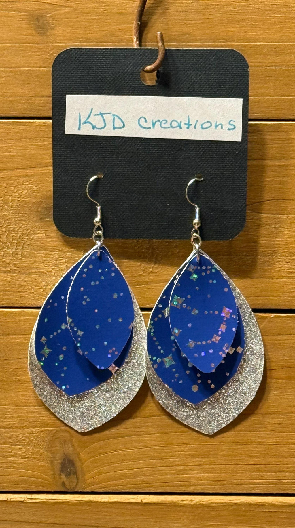 Boho Western Faux Leather Layered Teardrop Dangle Earrings - Navy Blue with Silver Constellation & Chain Accents