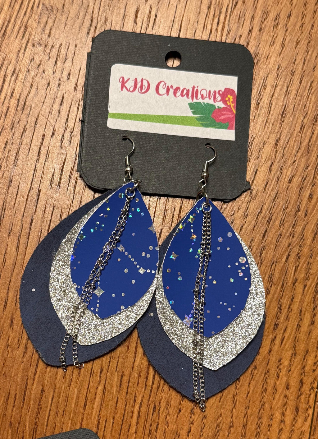 Boho Western Faux Leather Layered Teardrop Dangle Earrings - Navy Blue with Silver Constellation & Chain Accents