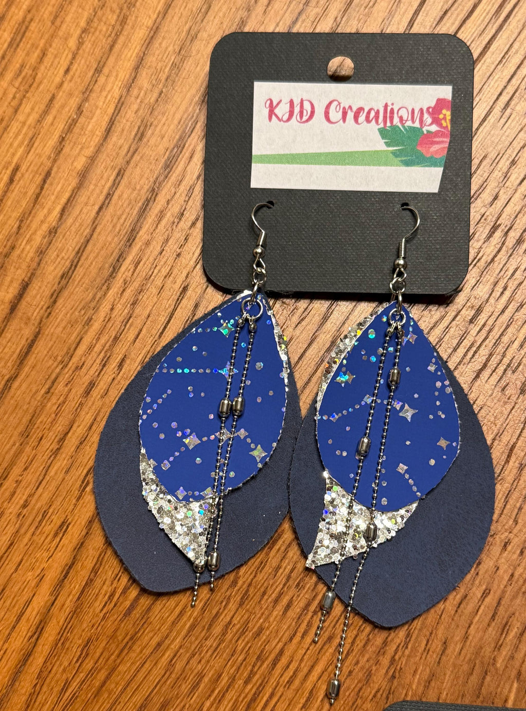 Boho Western Faux Leather Layered Teardrop Dangle Earrings - Navy Blue with Silver Constellation & Chain Accents