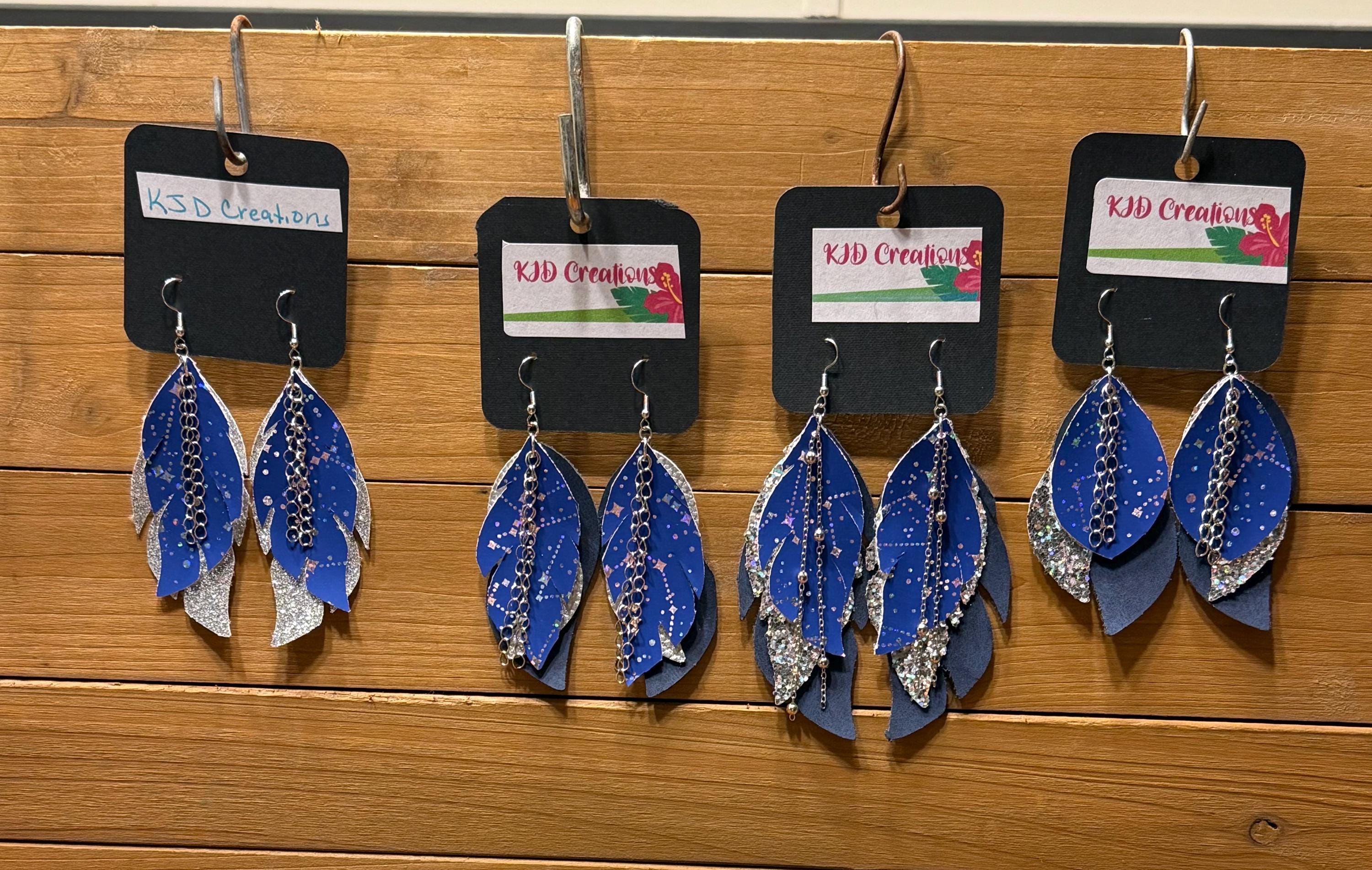 Boho Western Faux Leather Layered Feather Dangle Earrings - Navy Blue with Silver Constellation & Chain Accents