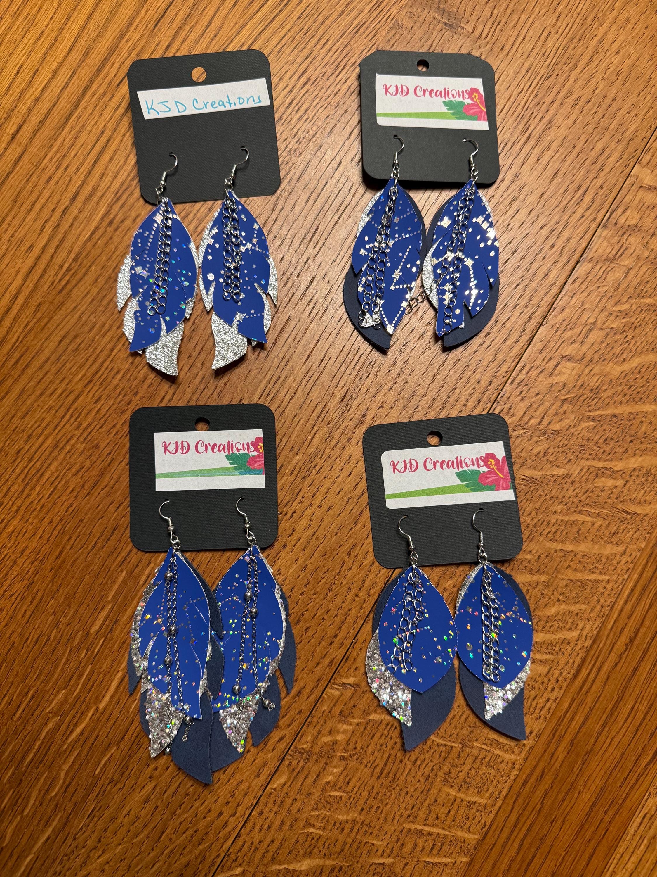 Boho Western Faux Leather Layered Feather Dangle Earrings - Navy Blue with Silver Constellation & Chain Accents