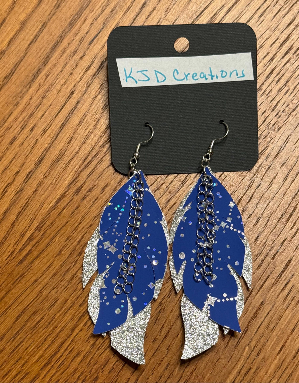 Boho Western Faux Leather Layered Feather Dangle Earrings - Navy Blue with Silver Constellation & Chain Accents
