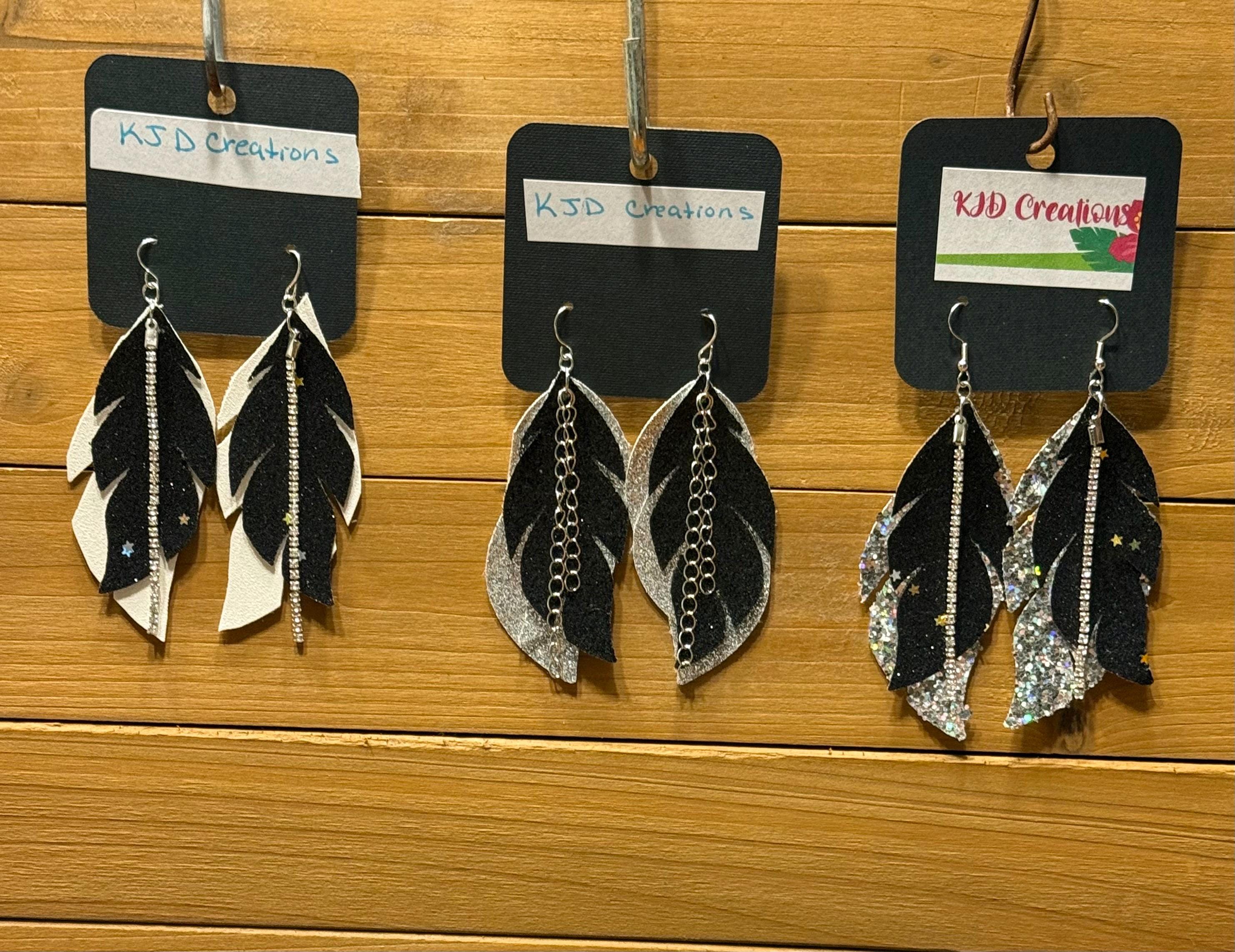 Boho Western Faux Leather Layered Feather Dangle Earrings - Black, Silver & White Glitter with Star & Crystal Accents