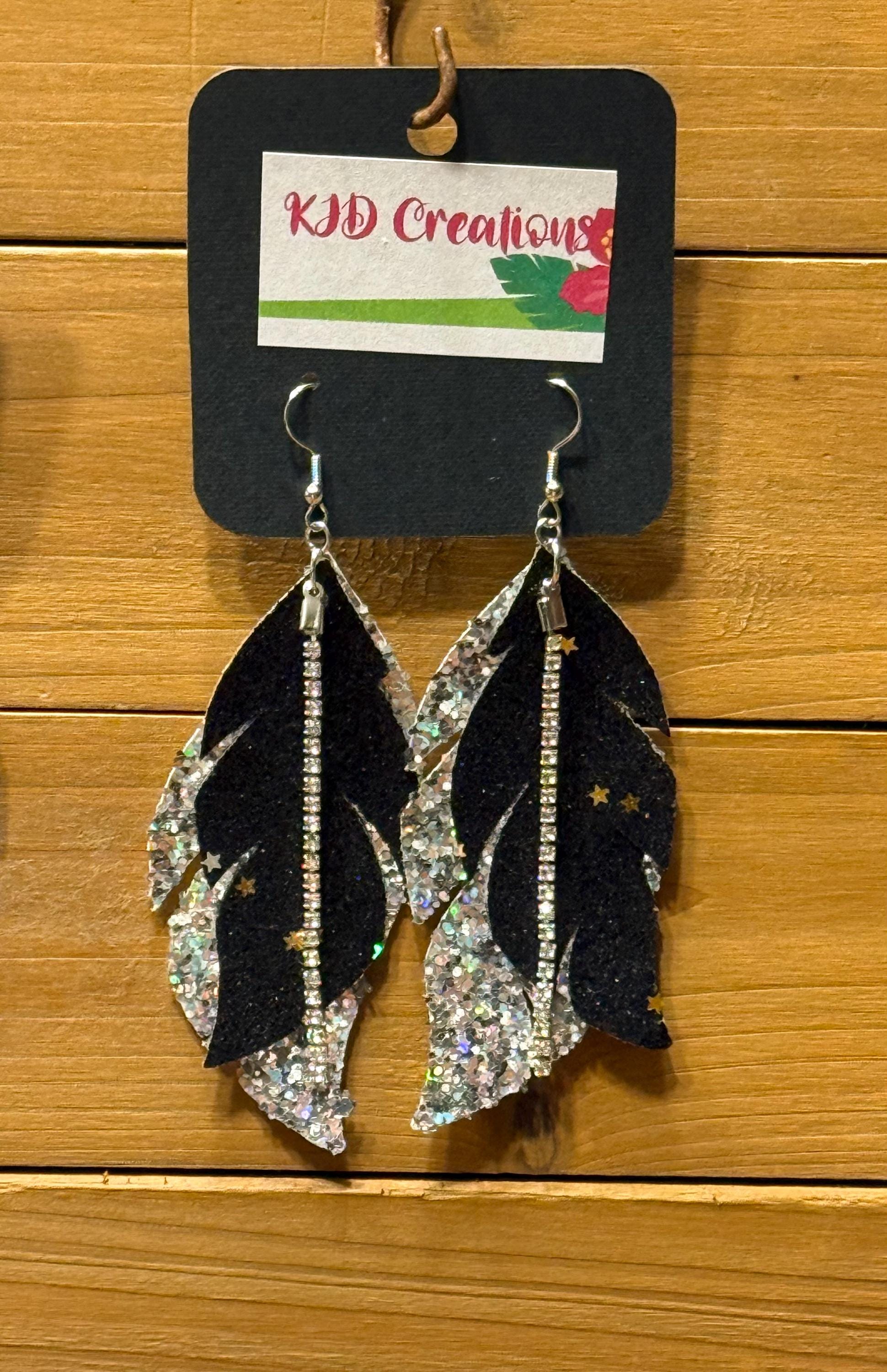 Boho Western Faux Leather Layered Feather Dangle Earrings - Black, Silver & White Glitter with Star & Crystal Accents