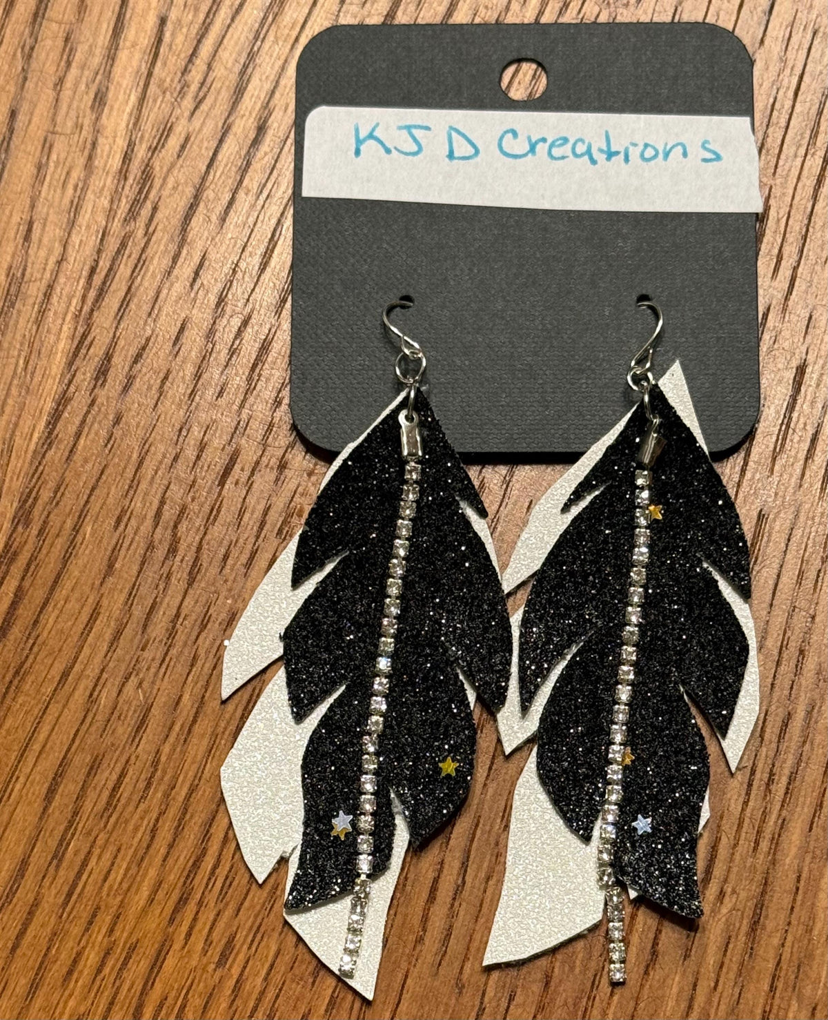 Boho Western Faux Leather Layered Feather Dangle Earrings - Black, Silver & White Glitter with Star & Crystal Accents