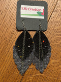 Boho Western Faux Leather Fringe Teardrop Dangle Earrings - Black Glitter Metallic Star with Crystal & Chain Accents