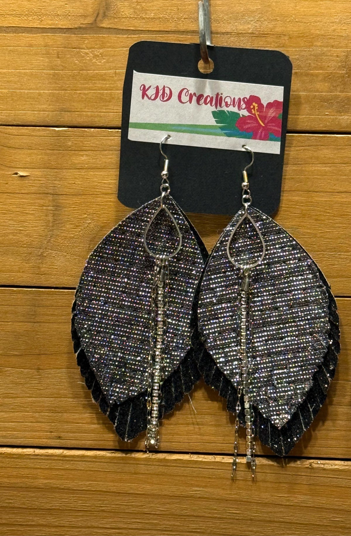 Boho Western Faux Leather Fringe Teardrop Dangle Earrings - Black & Silver Glitter with Chain & Crystal Accents
