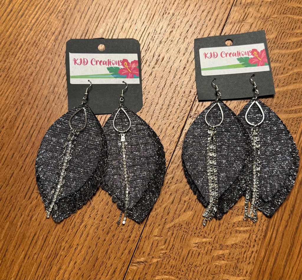 Boho Western Faux Leather Fringe Teardrop Dangle Earrings - Black & Silver Glitter with Chain & Crystal Accents