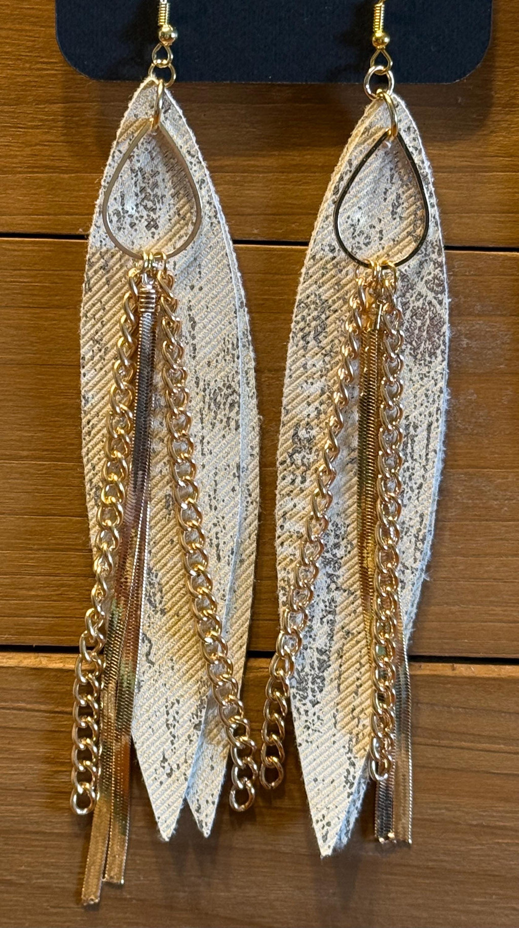 Boho Western Shimmer Faux Leather Long Feather Dangle Earrings - Mint Green & Yellow with Gold Chain & Triangle Accents