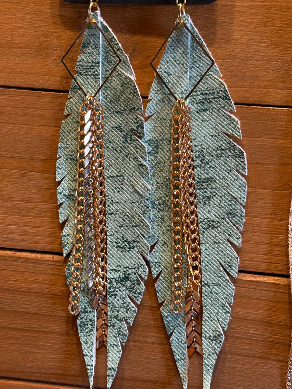 Boho Western Shimmer Faux Leather Long Feather Dangle Earrings - Mint Green & Yellow with Gold Chain & Triangle Accents