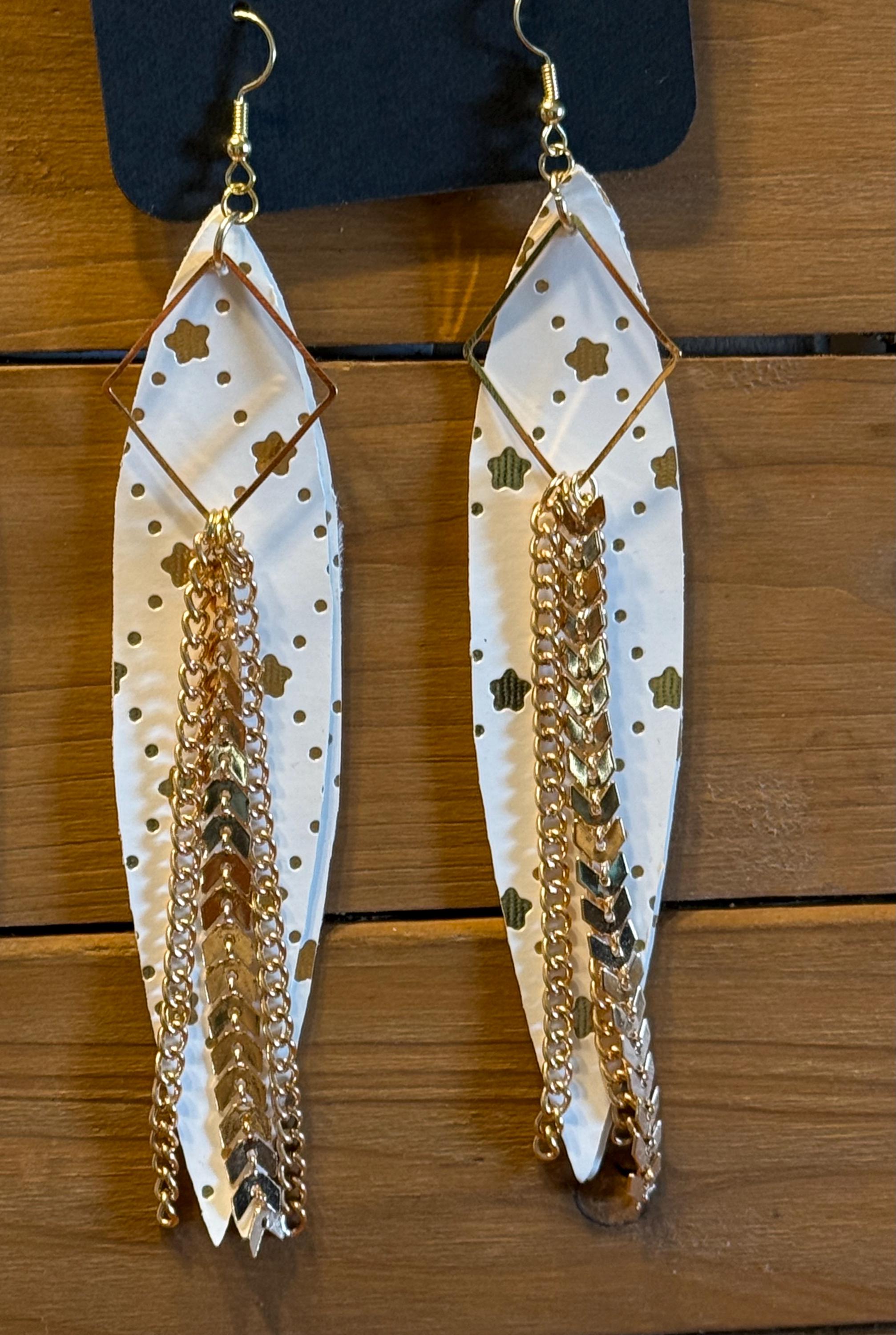 Boho Western Shimmer Faux Leather Long Feather Dangle Earrings - Mint Green & Yellow with Gold Chain & Triangle Accents