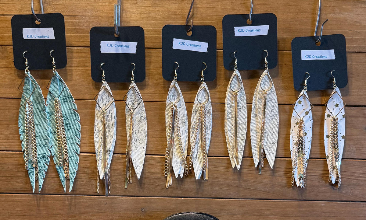 Boho Western Shimmer Faux Leather Long Feather Dangle Earrings - Mint Green & Yellow with Gold Chain & Triangle Accents