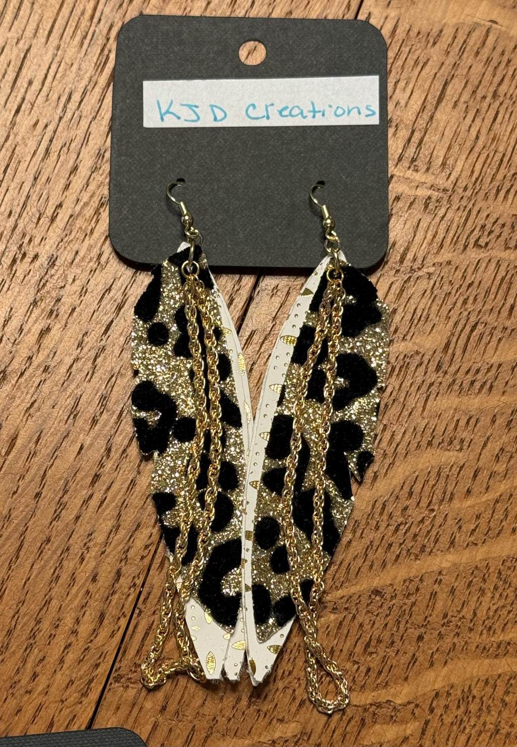 Leopard Print Faux Leather Boho Western Dangle Earrings with Chain Accents - Black Glitter, White Gold & Gold Foil