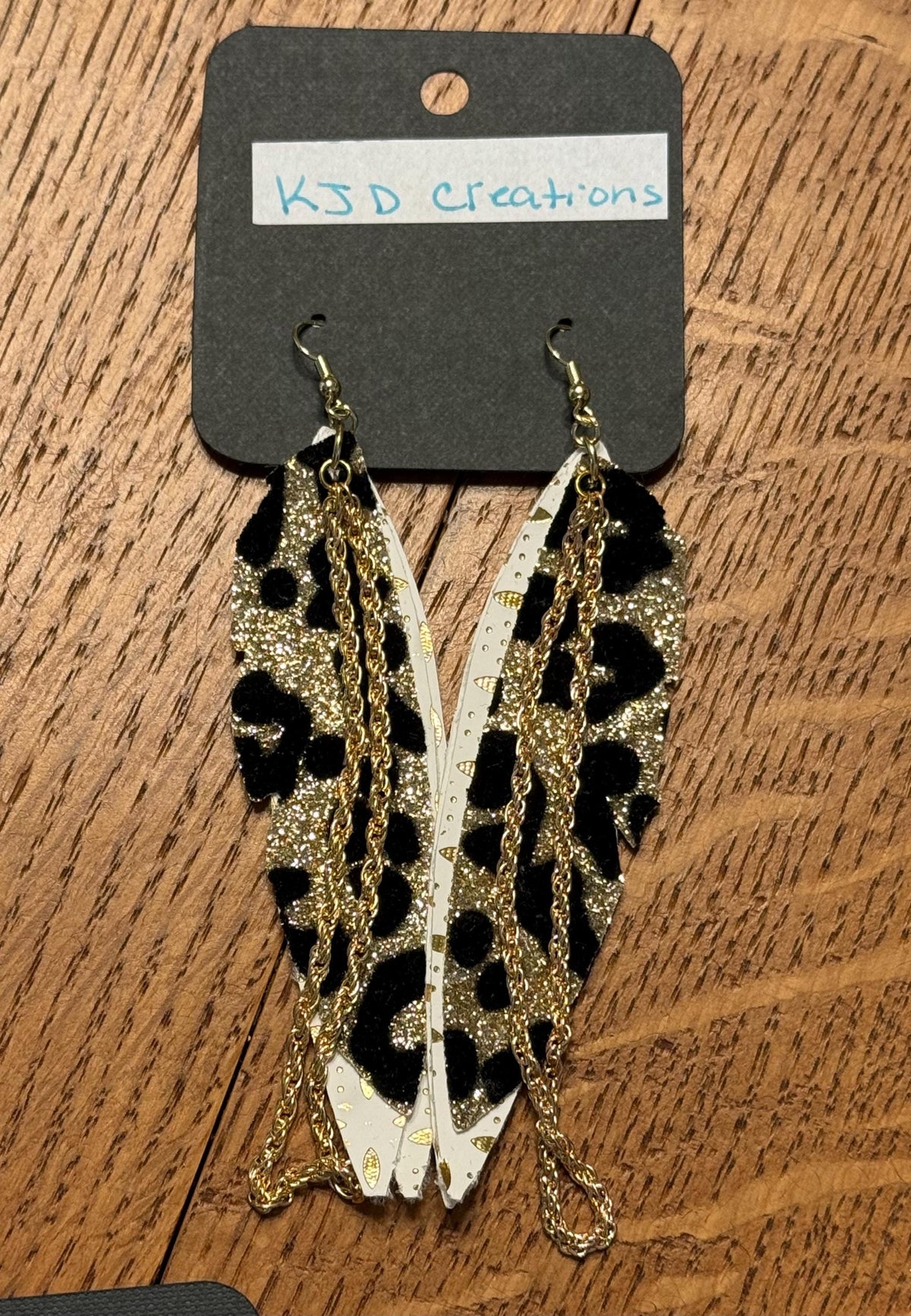 Leopard Print Faux Leather Boho Western Dangle Earrings with Chain Accents - Black Glitter, White Gold & Gold Foil