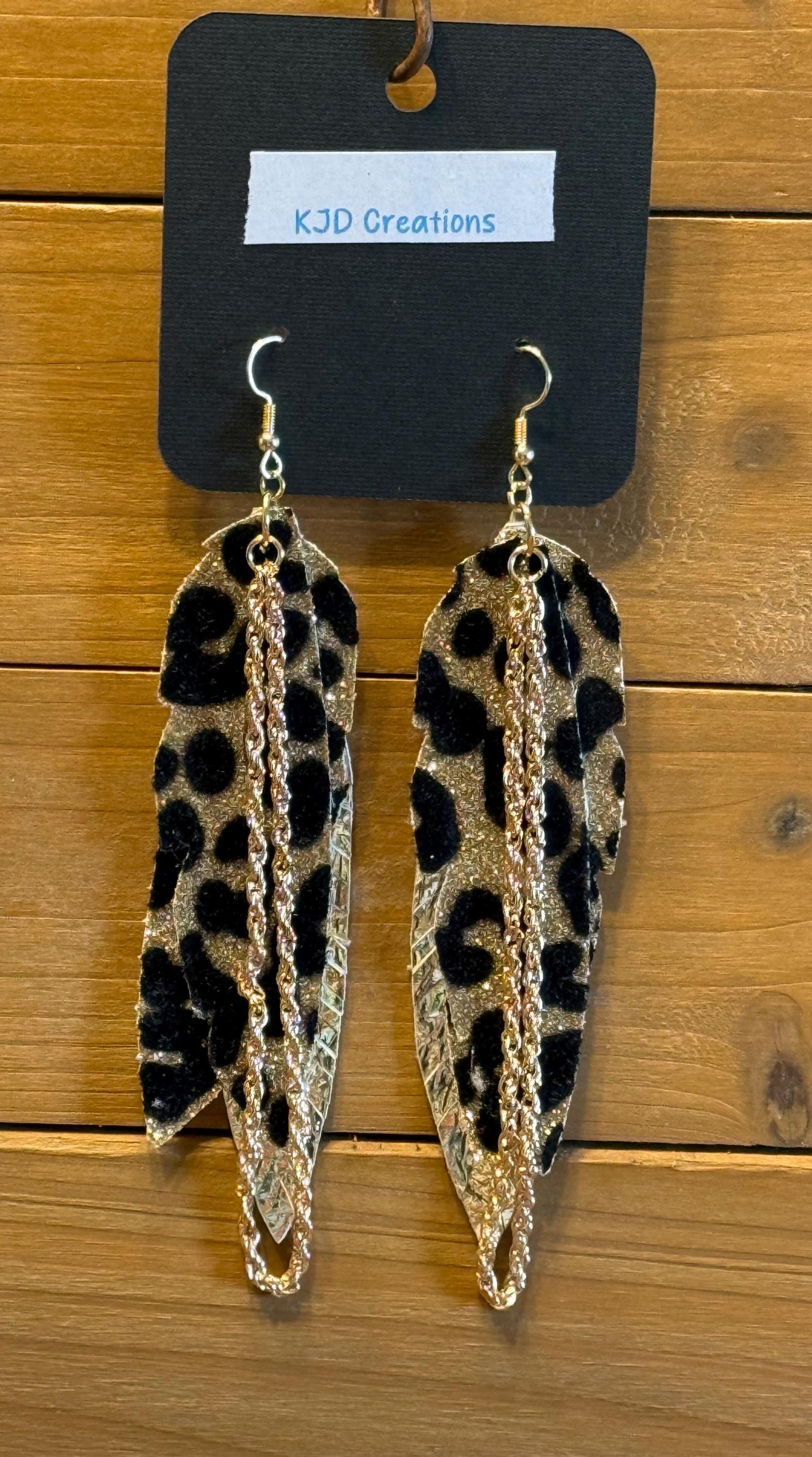 Leopard Print Faux Leather Boho Western Dangle Earrings with Chain Accents - Black Glitter, White Gold & Gold Foil
