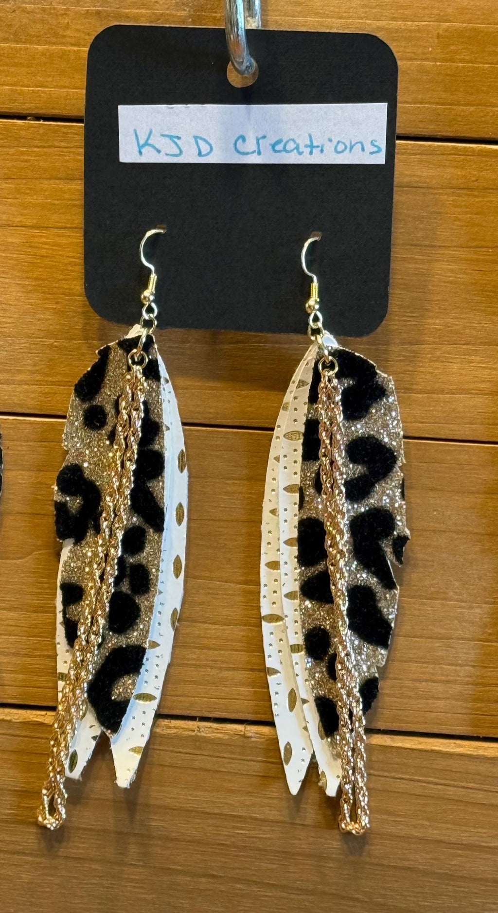 Leopard Print Faux Leather Boho Western Dangle Earrings with Chain Accents - Black Glitter, White Gold & Gold Foil