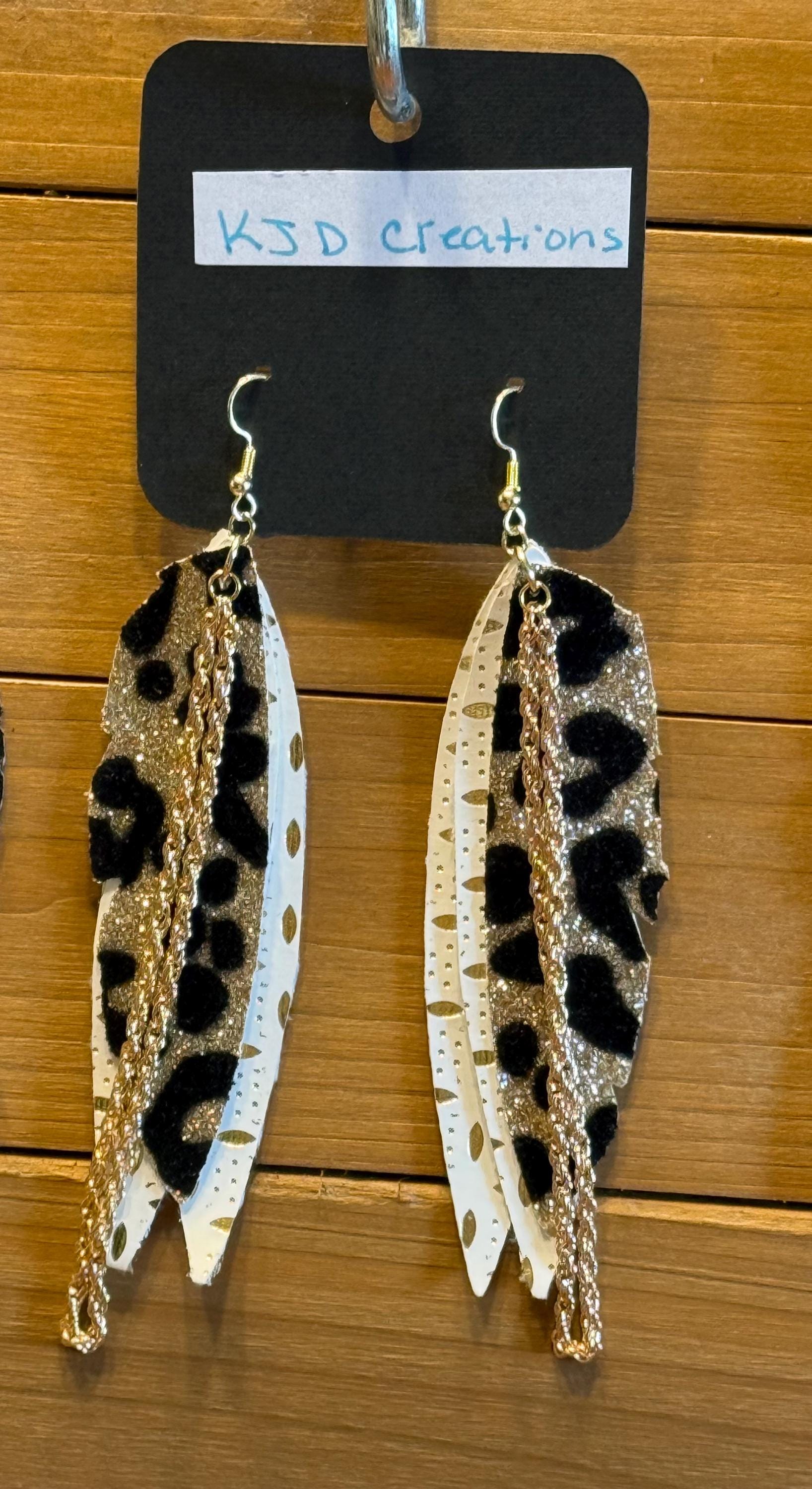 Leopard Print Faux Leather Boho Western Dangle Earrings with Chain Accents - Black Glitter, White Gold & Gold Foil