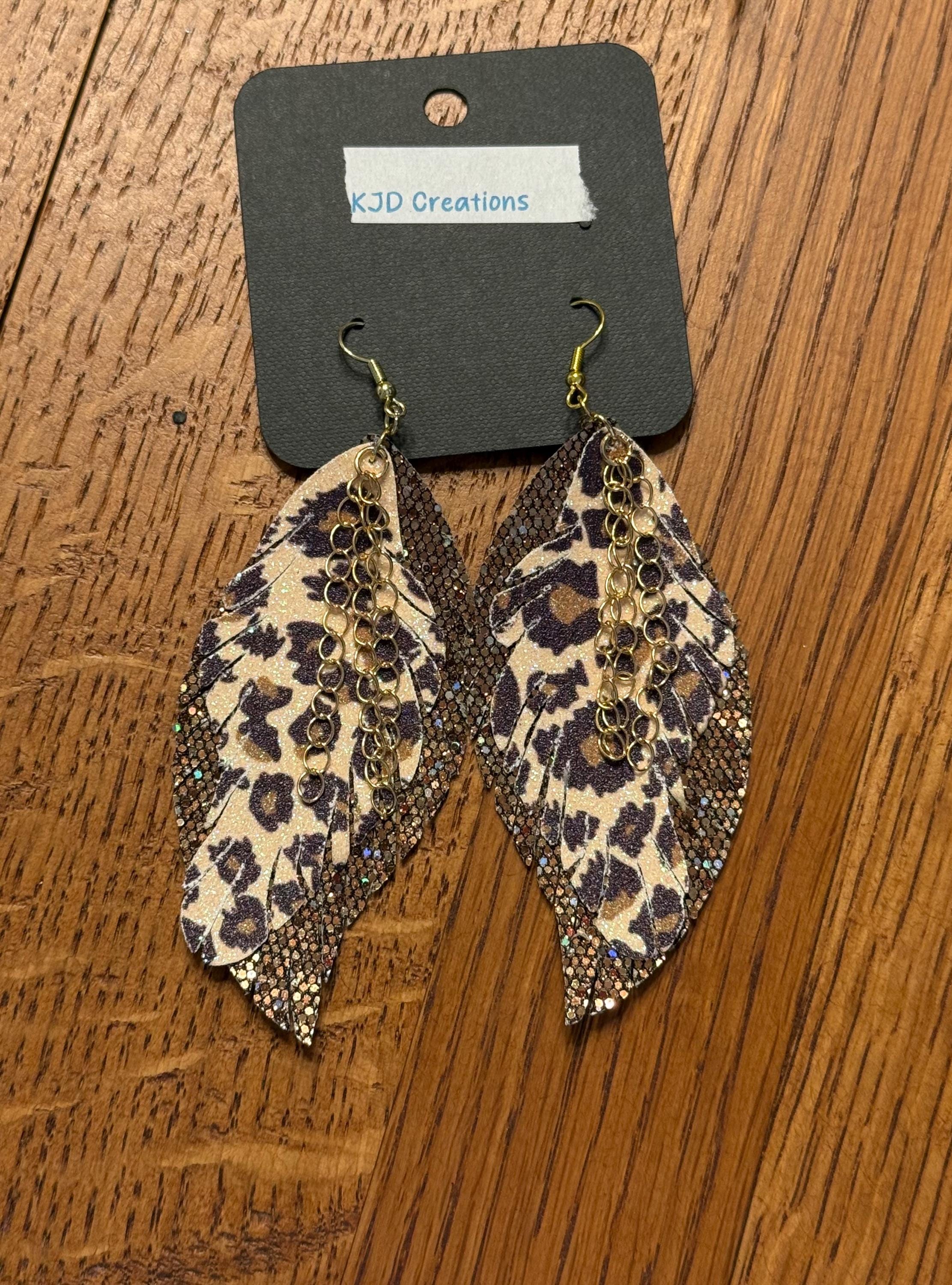 Leopard & Cheetah Animal Print Glitter Faux Leather Layered Fringe Dangle Earrings | Handmade Western Boho Statement Earrings