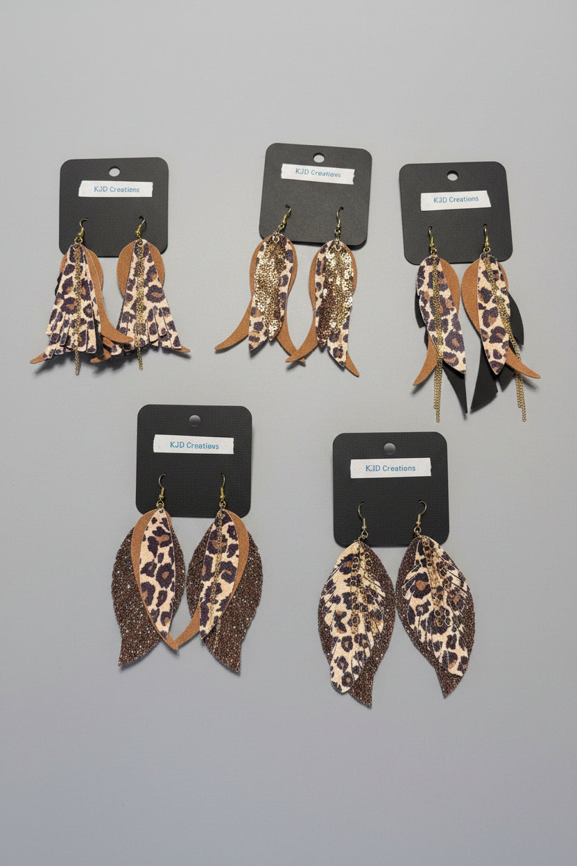 Leopard & Cheetah Animal Print Glitter Faux Leather Layered Fringe Dangle Earrings | Handmade Western Boho Statement Earrings