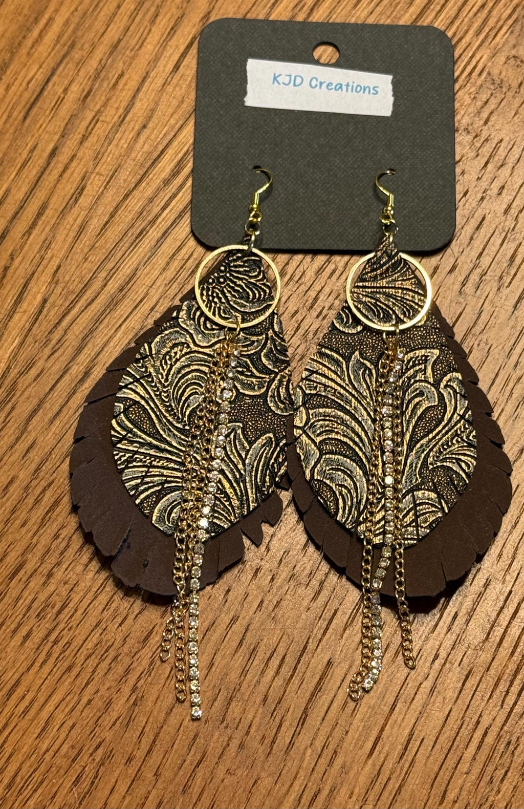 Boho Western Faux Tooled Leather Layered Fringe Teardrop Dangle Earrings - Brown, Black & Bronze with Crystal Accents
