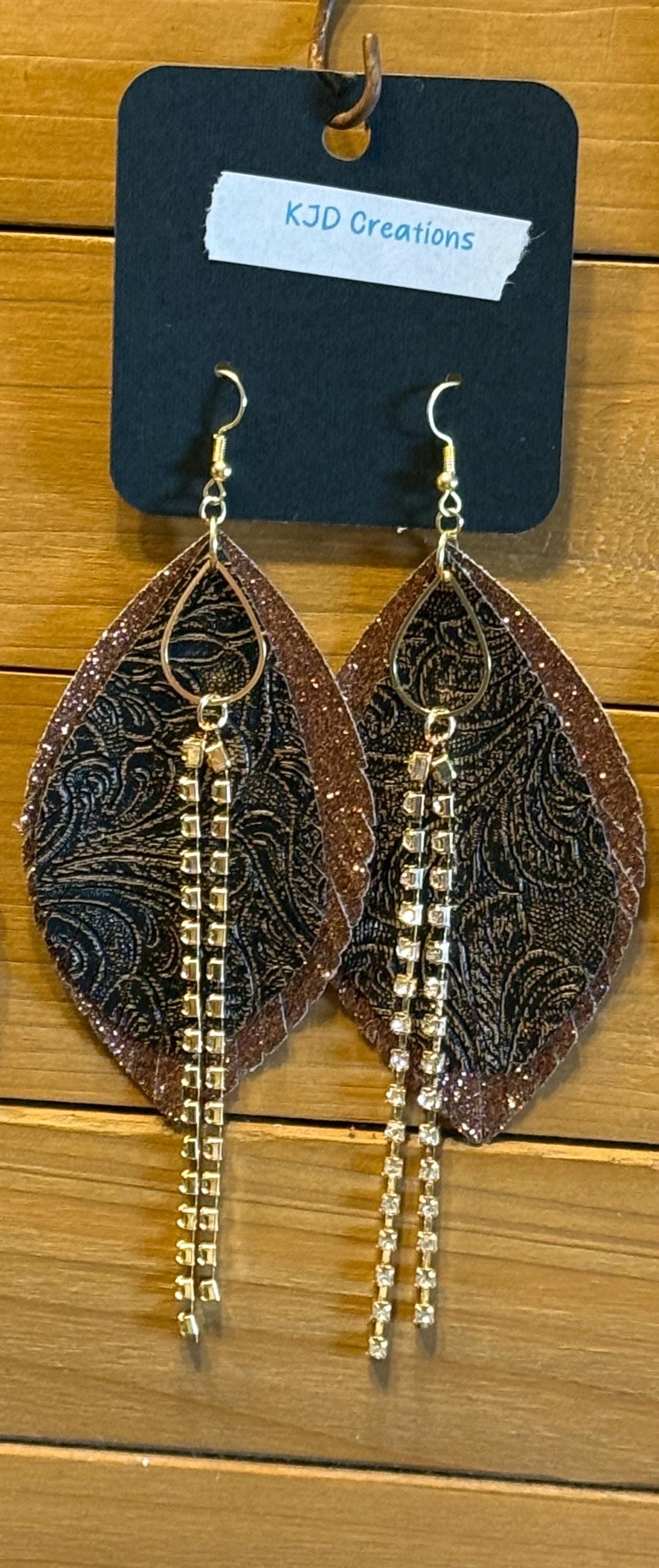Boho Western Faux Tooled Leather Layered Fringe Teardrop Dangle Earrings - Brown, Black & Bronze with Crystal Accents