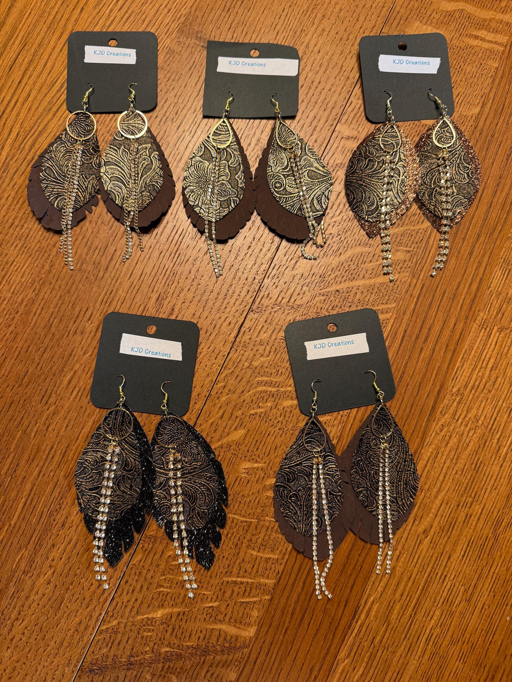 Boho Western Faux Tooled Leather Layered Fringe Teardrop Dangle Earrings - Brown, Black & Bronze with Crystal Accents