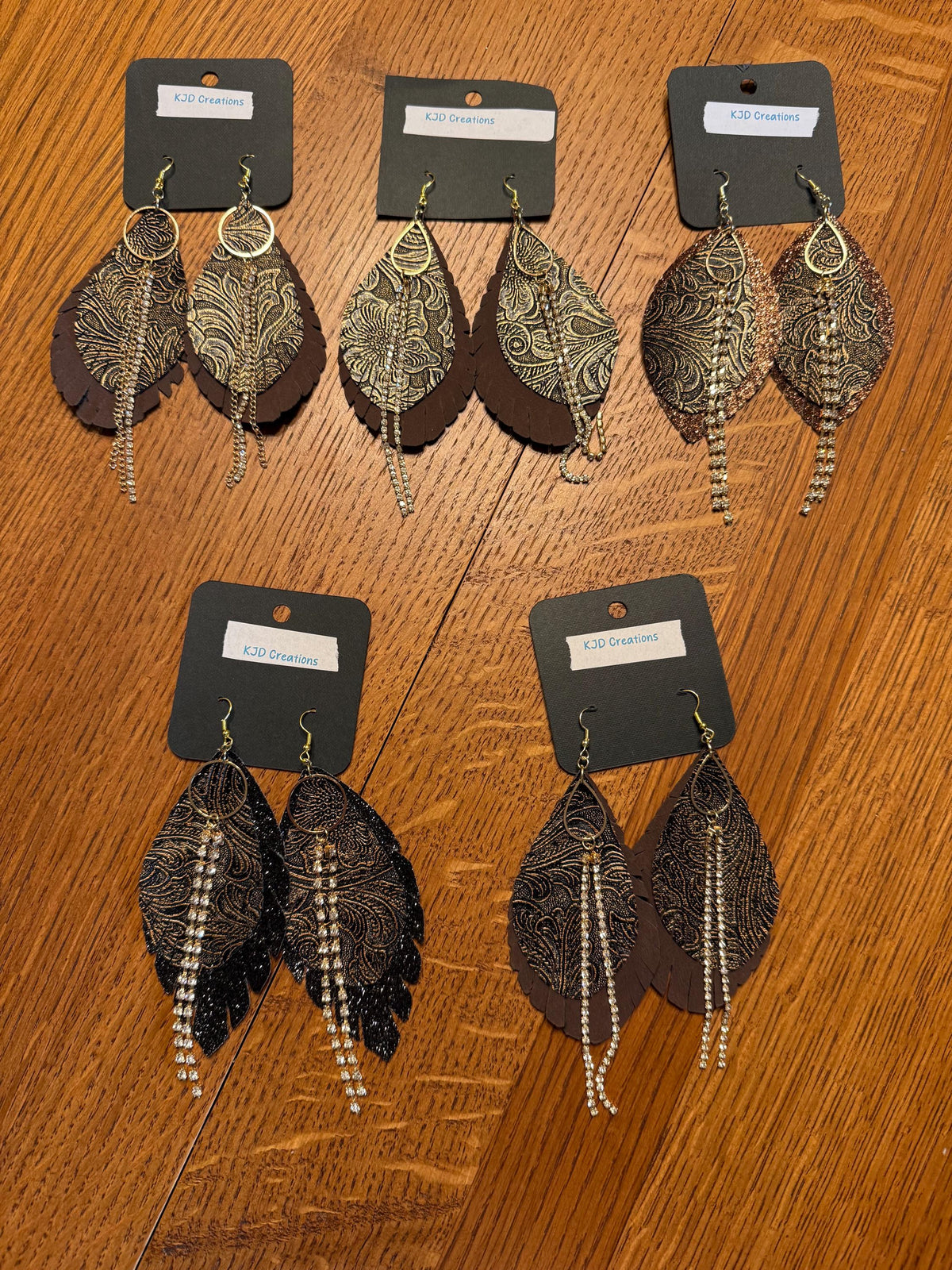 Boho Western Faux Tooled Leather Layered Fringe Teardrop Dangle Earrings - Brown, Black & Bronze with Crystal Accents