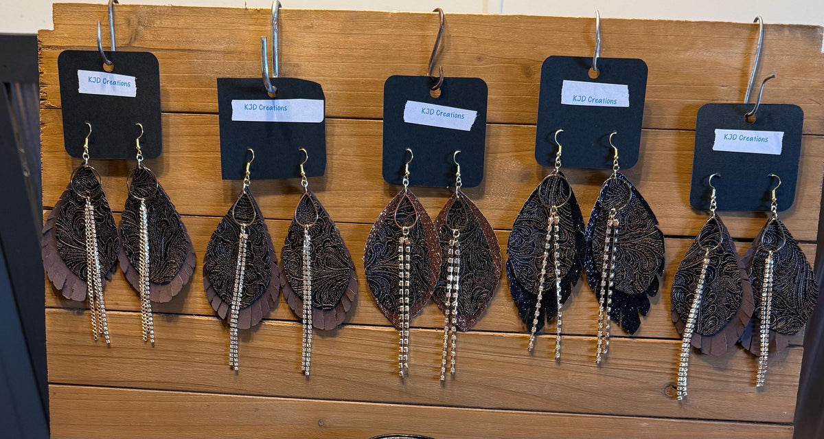 Boho Western Faux Tooled Leather Layered Fringe Teardrop Dangle Earrings - Brown, Black & Bronze with Crystal Accents
