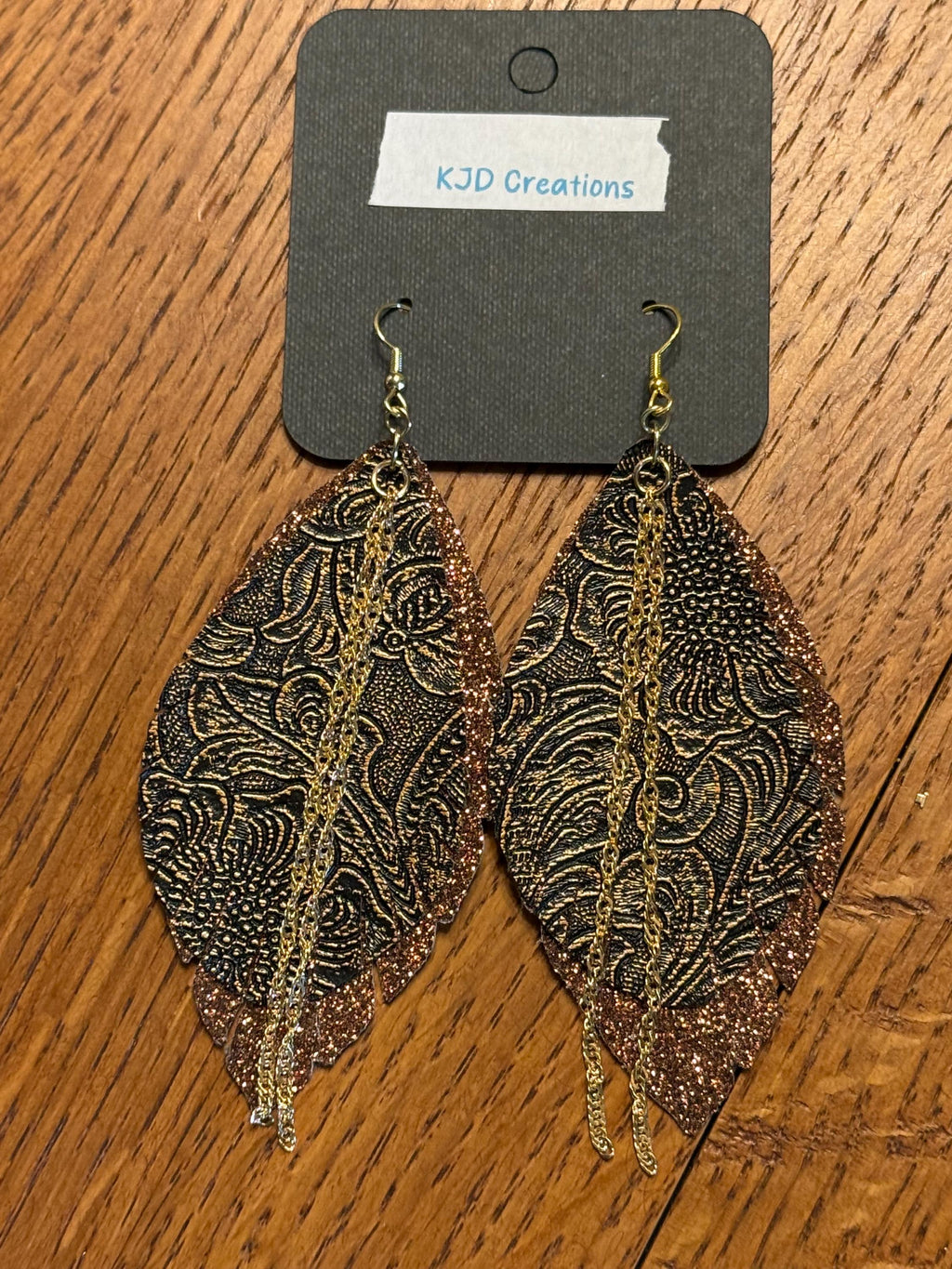 Boho Western Faux Tooled Leather Fringe Teardrop Dangle Earrings - Brown, Black & Bronze with Chain & Crystal Accents