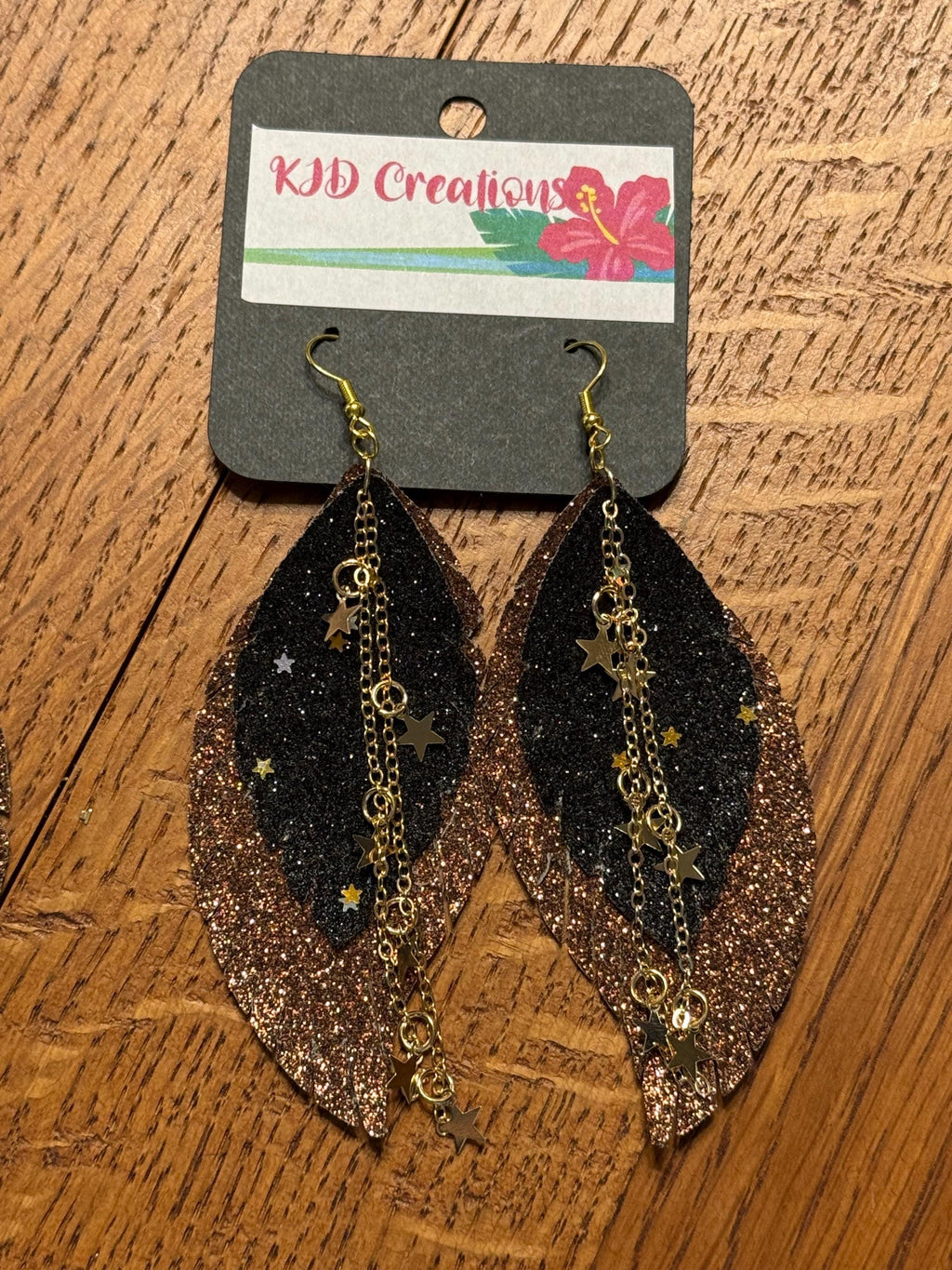 Boho Western Faux Tooled Leather Fringe Teardrop Dangle Earrings - Brown, Black & Bronze with Chain & Crystal Accents