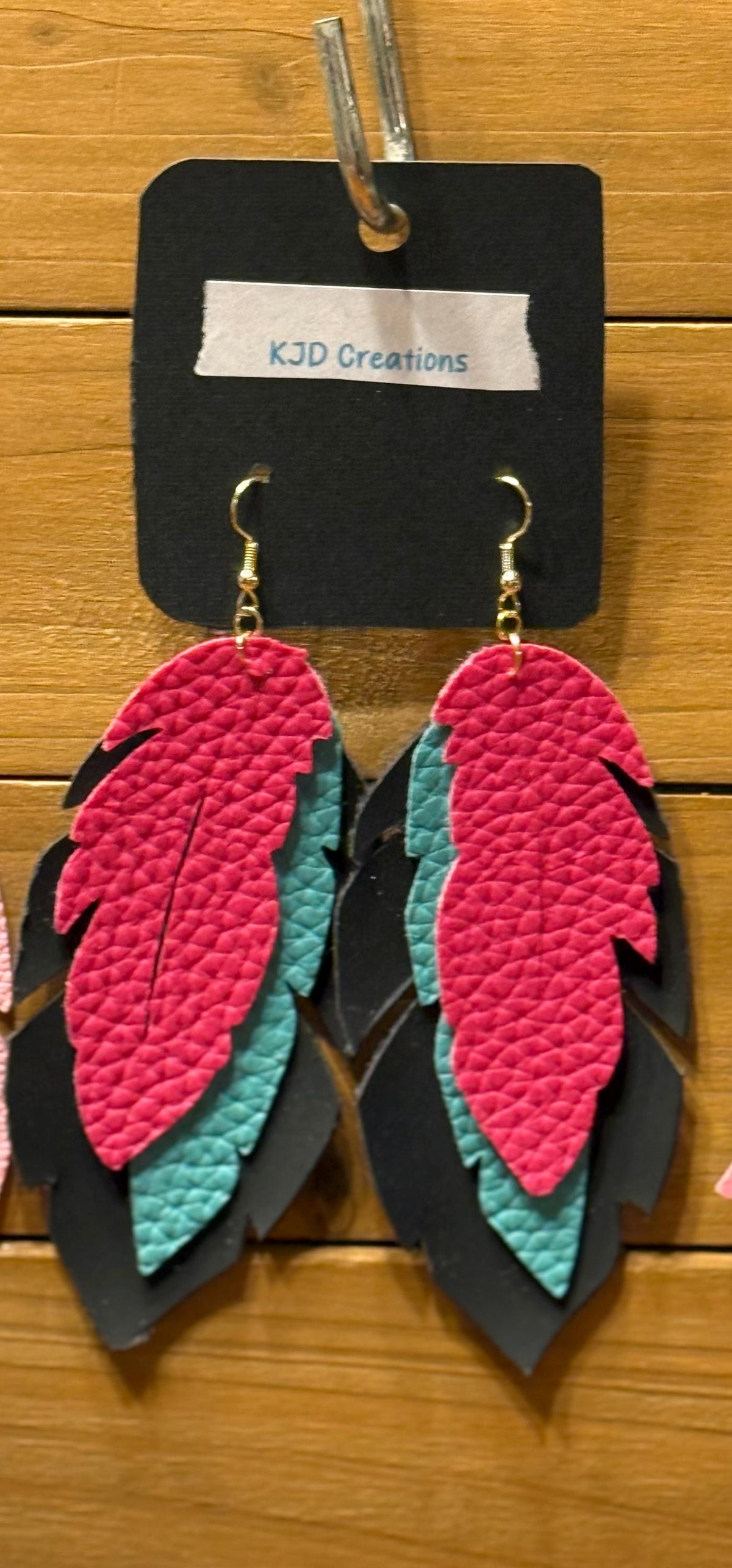 Boho Western Faux Leather Large Layered Feather Dangle Earrings - Pink, Turquoise & Black
