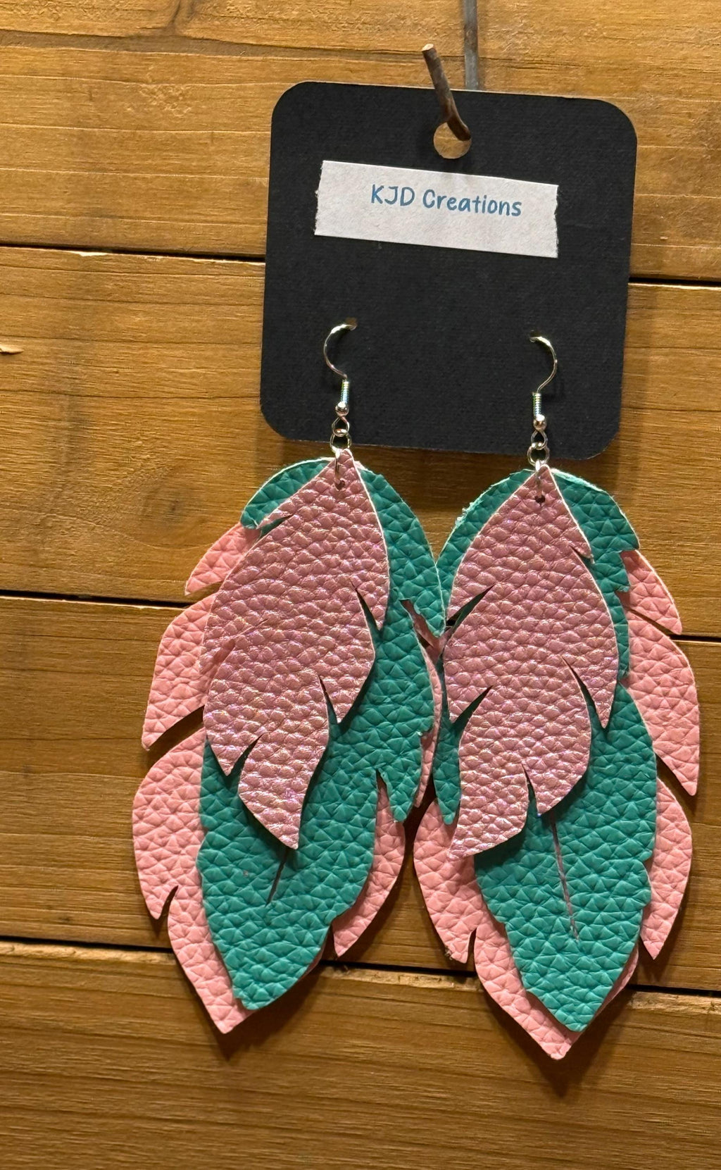 Boho Western Faux Leather Large Layered Feather Dangle Earrings - Pink, Turquoise & Black