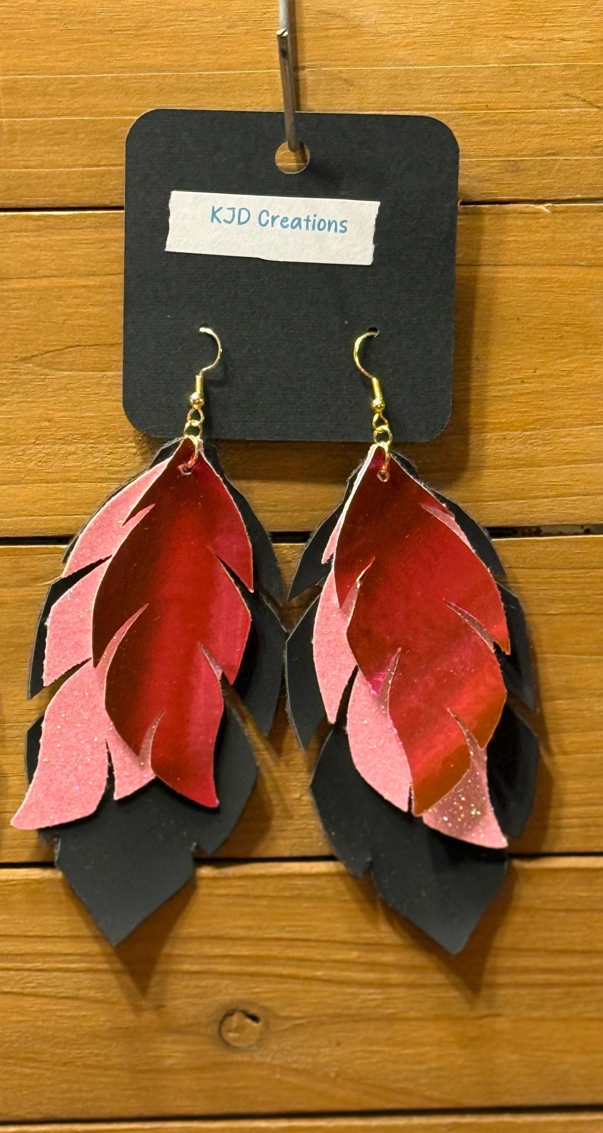Boho Western Faux Leather Large Layered Feather Dangle Earrings - Pink, Turquoise & Black