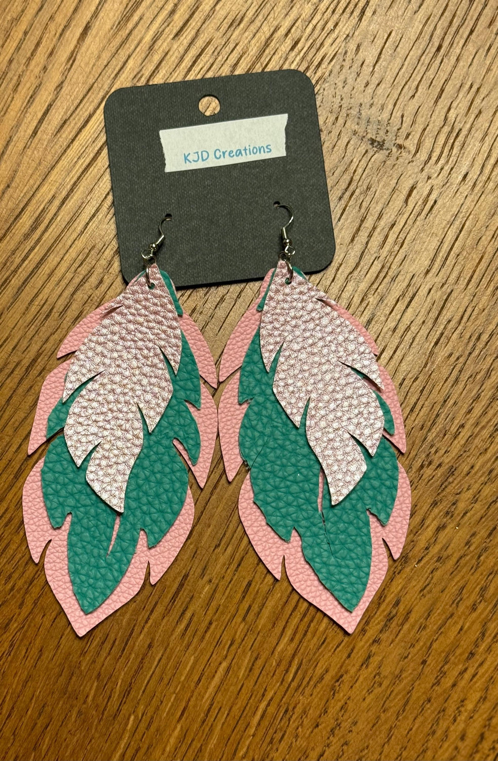 Boho Western Faux Leather Large Layered Feather Dangle Earrings - Pink, Turquoise & Black