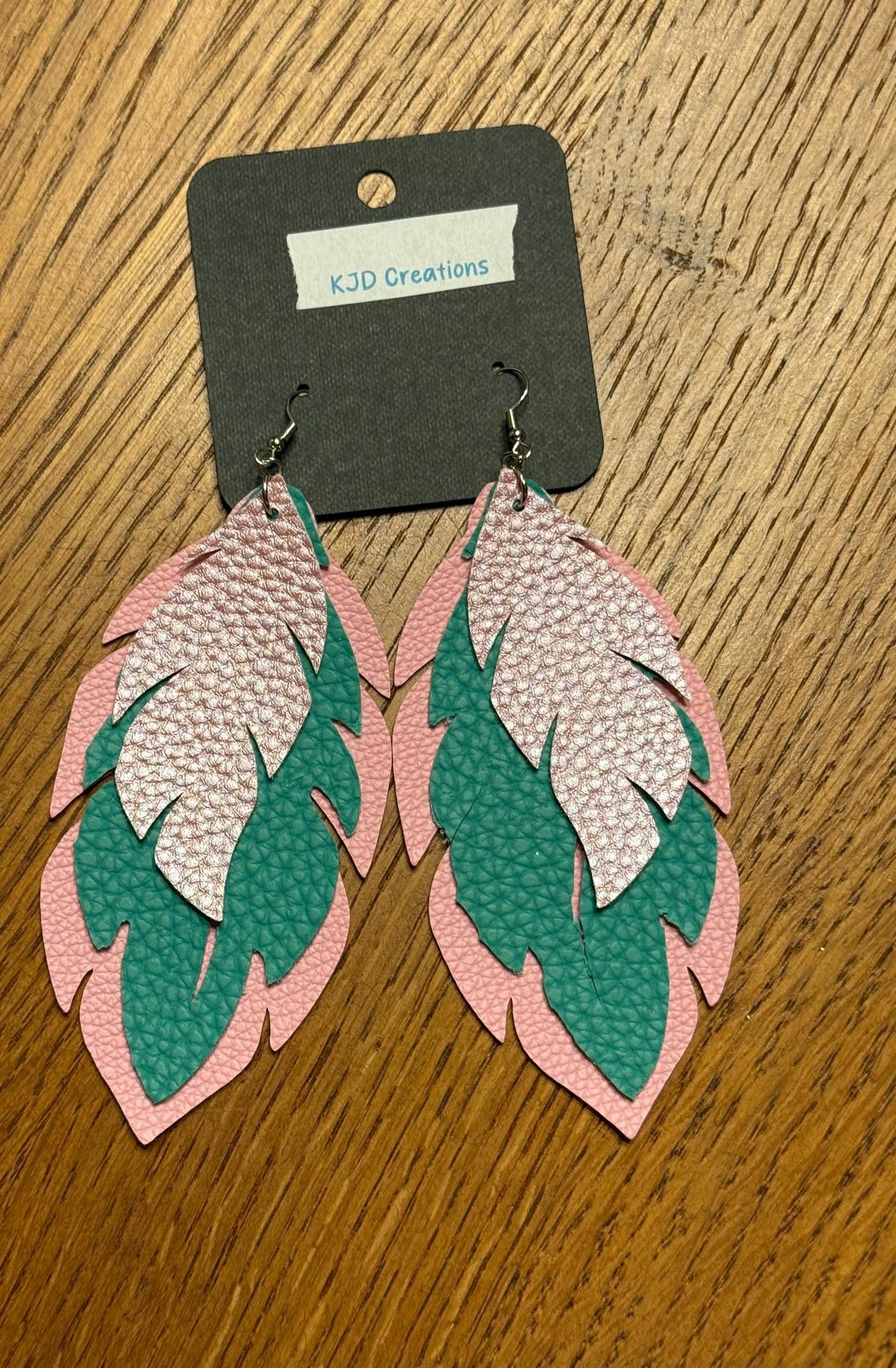 Boho Western Faux Leather Large Layered Feather Dangle Earrings - Pink, Turquoise & Black