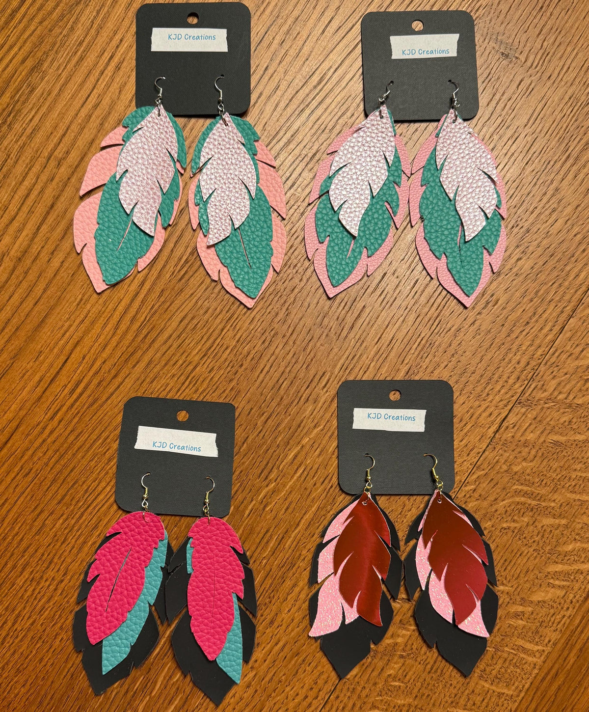 Boho Western Faux Leather Large Layered Feather Dangle Earrings - Pink, Turquoise & Black