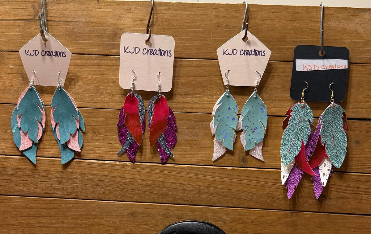 Boho Western Faux Glitter Leather Layered Feather Dangle Earrings - Turquoise, Pink, Teal & Mint Green