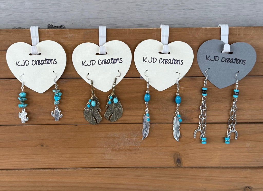 Western Boho Charm Dangle Earrings with Turquoise Accents – Cactus, Feather & Horseshoe Styles